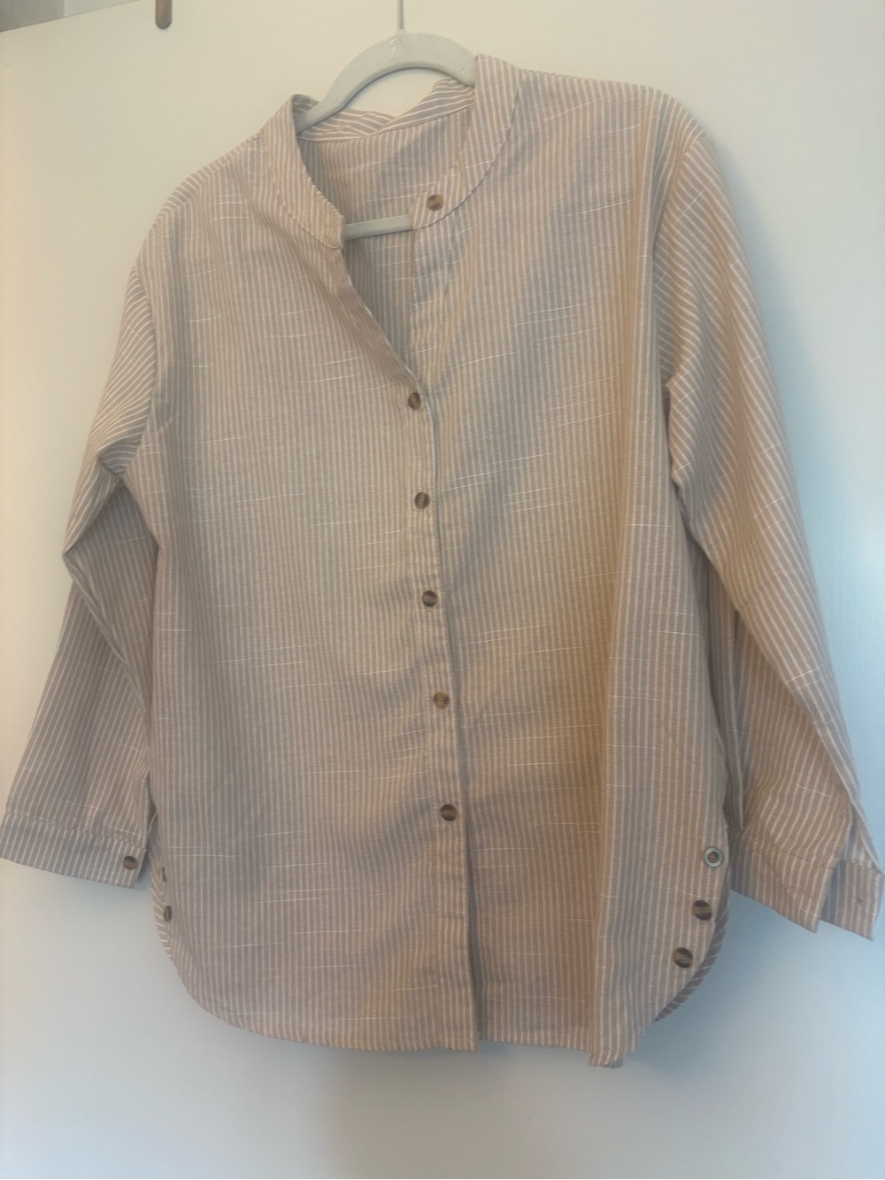 SHEIN Beige and White Striped Button-Down Shirt